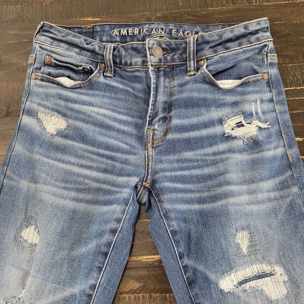 American Eagle Men’s 30x32 Skinny Jeans Distressed Medium Wash Blue Denim